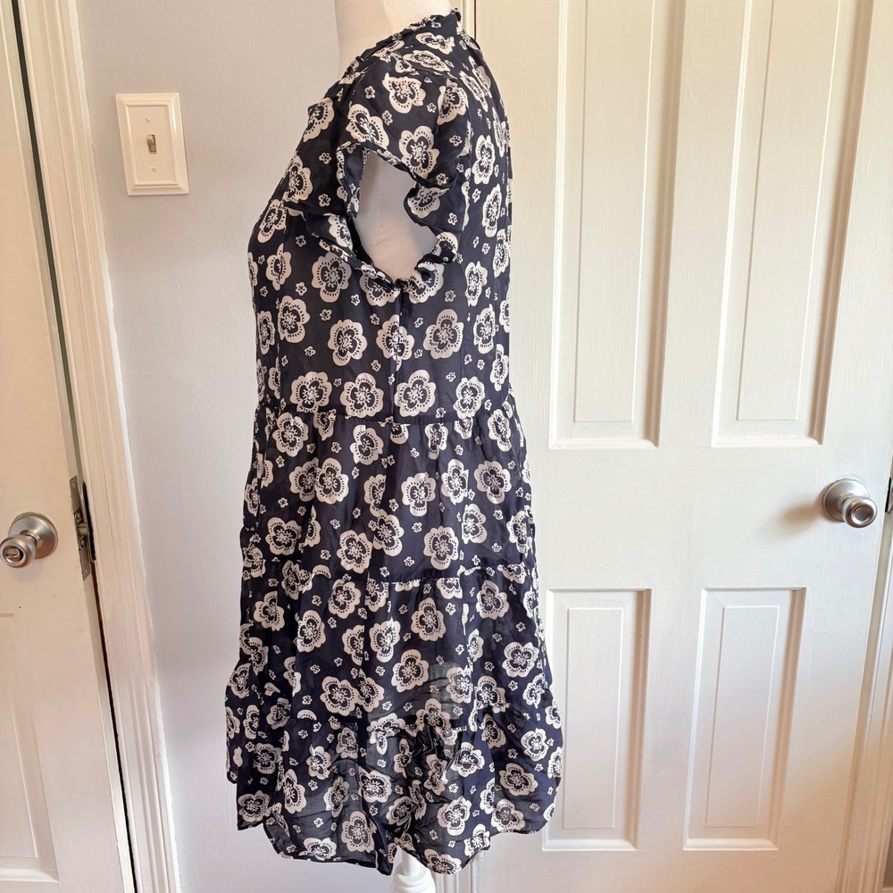 Anthropologie Womens XS Mini Dress Navy Blue Floral Tiered Flutter Sleeve - Picture 2 of 6